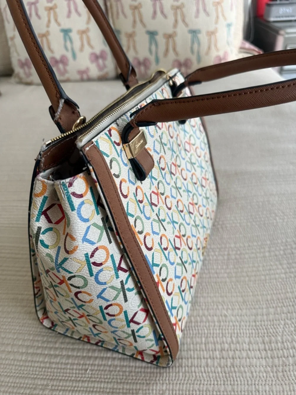 Calvin Klein Multicolor Logo Canvas Satchel with Brown Trim
